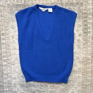 Favorites Blue Sleeveless V-Neck Shaker Knit Sweater Vest 80s Preppy- L